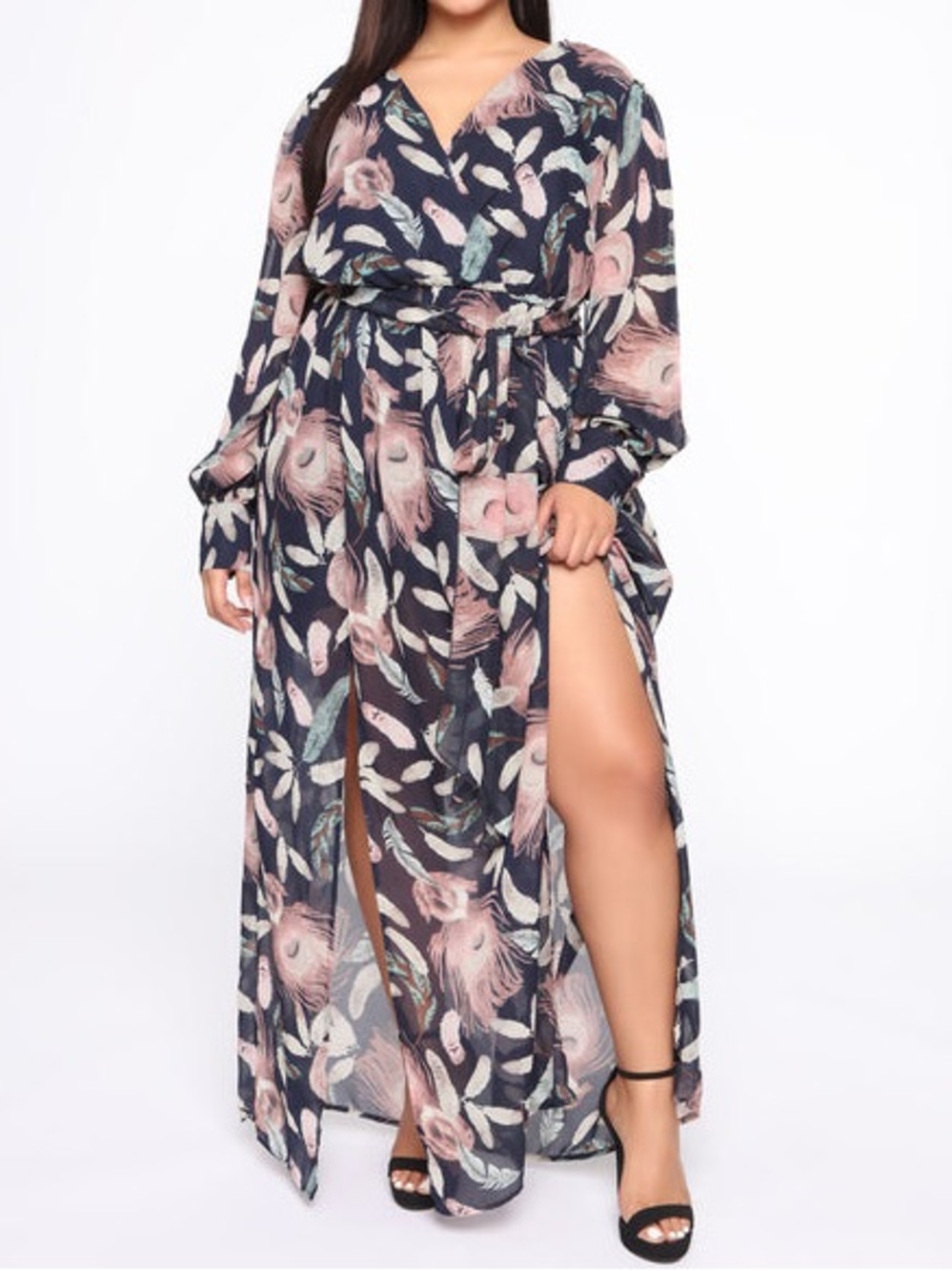 Fashion Nova navy blue feather print long-sleeve surplice neck xl maxi dress